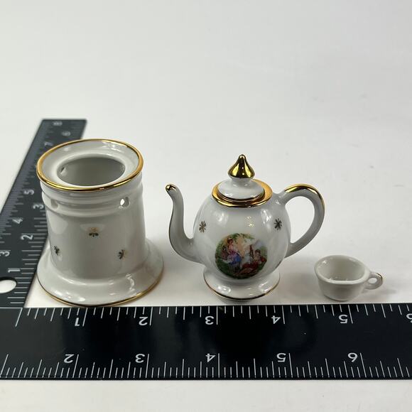 Limoges Miniature Teapot With Warmer Stand France White Mini Gold Trim Vintage - Picture 7 of 8